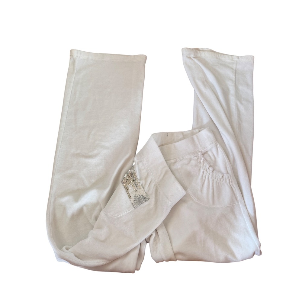 Y2K 2000s Mcbling Big Flirt White Velour Track Pants Sequin Pockets
